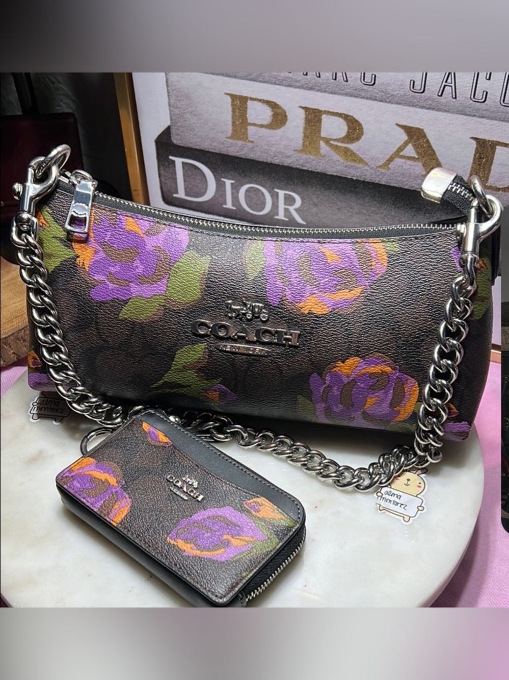 COACH Black Shoulder Bag with Purple and Orange Floral Print (wallet  included)